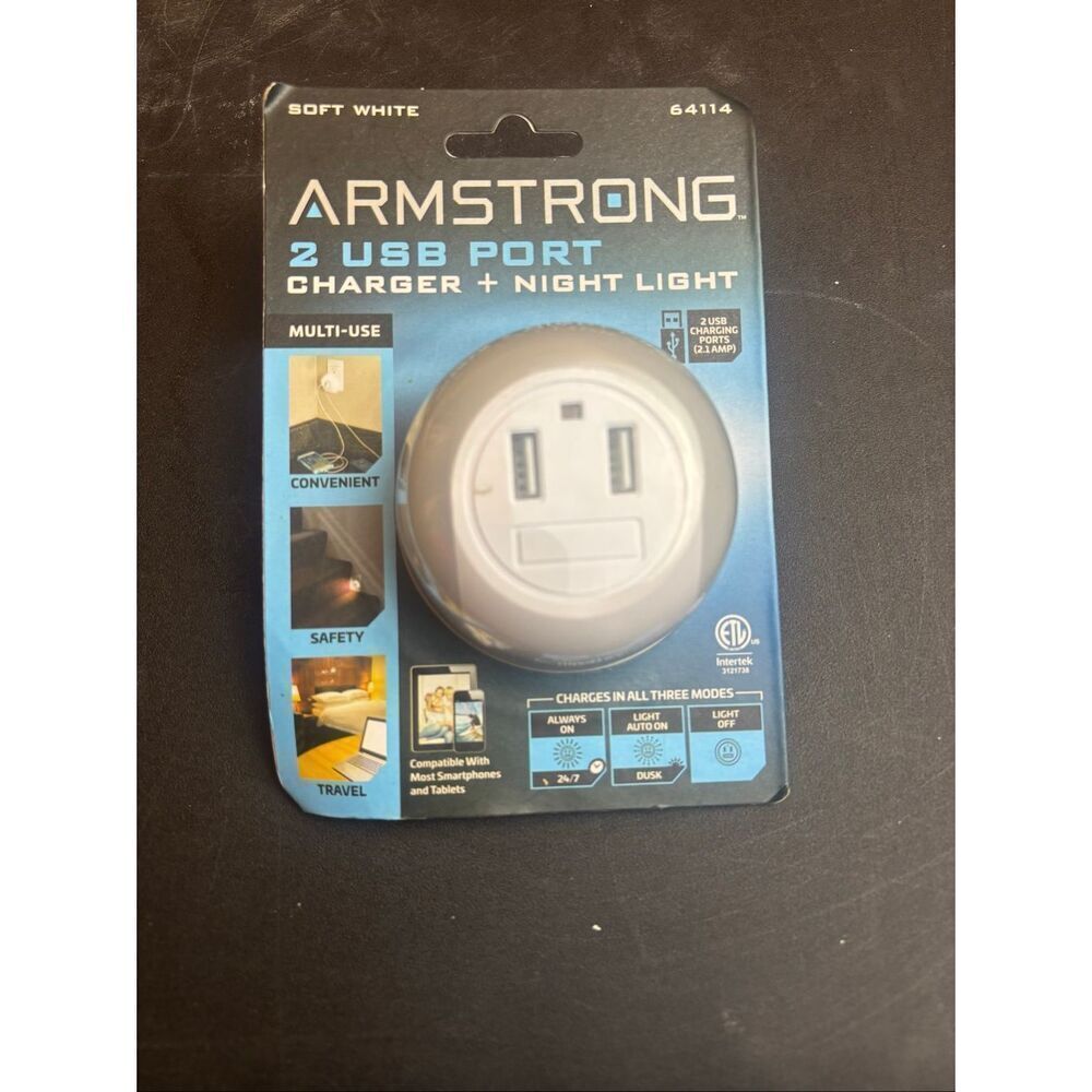 Armstrong 2 USB Port Charger Night Light Soft White Wall Plug